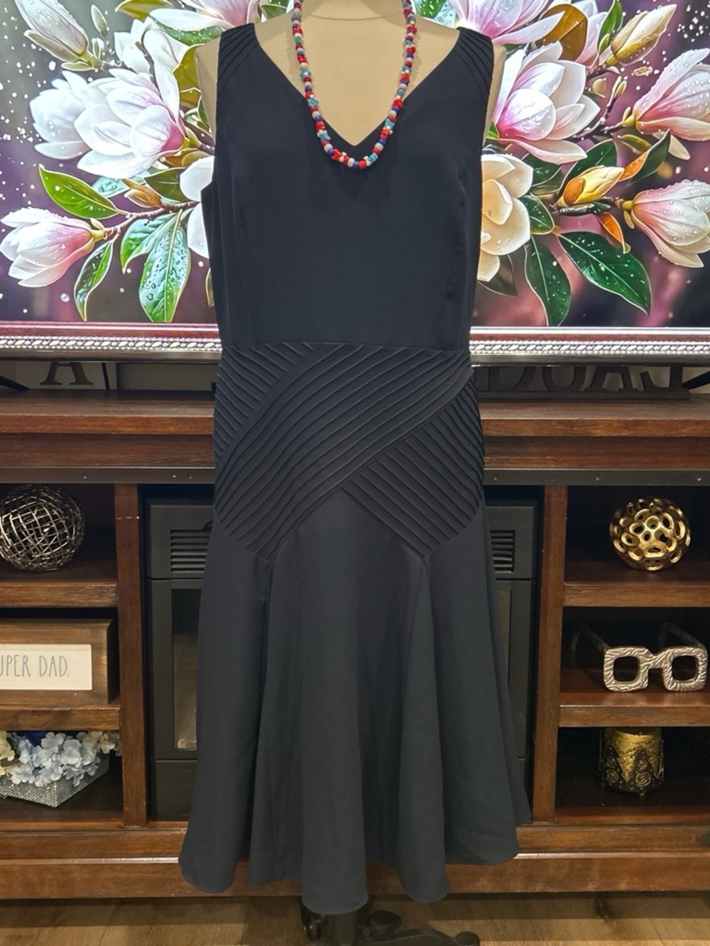 Ann Taylor Blue Sleeveless Midi Dress with Textured Waist Panels